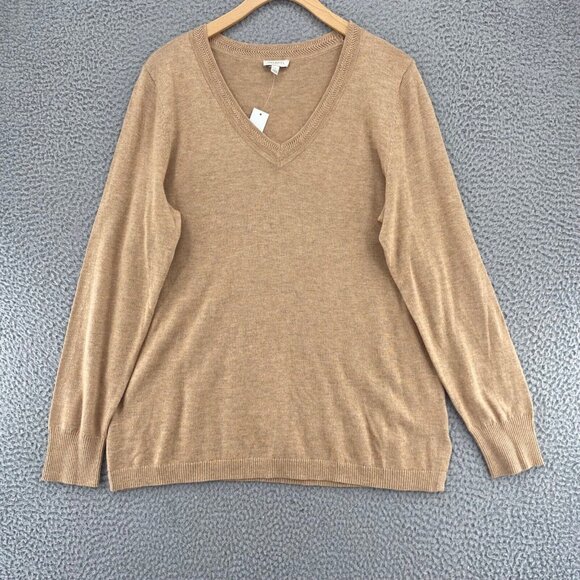 Talbots Sweater Women Large Beige Marled Knit V Neck Stretch Pullover Casual NWT - Picture 1 of 10